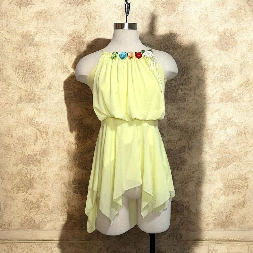 Vintage 1970s 70s Yellow Tunic Top Floral Flower Handkerchief Blouse Xs